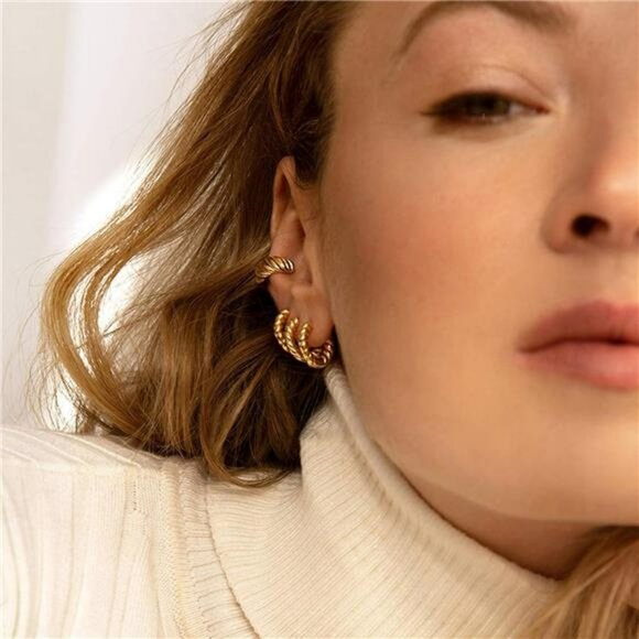 Gold huggie hoop earrings set small lightweight cubic zirconia twist hoops - Picture 3 of 7